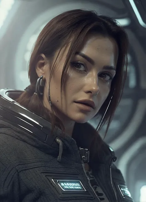 close up photo of sks woman, rugged space trucker, inside industrial spaceship, futuristic science fiction, action scene, digital concept art, realistic, intricate detailed textures, filmic, cinematic, environmental character portrait, <lora:locon_wersow_v1_from_v1_64_32:1.25>