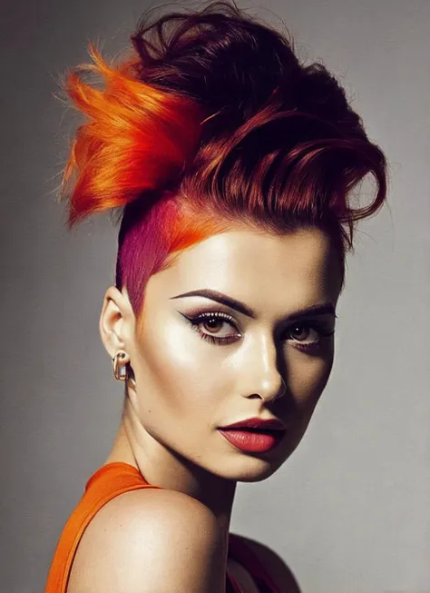 portrait of sks woman by Flora Borsi, style by Flora Borsi, bold, bright colours, orange Mohawk haircut, ((Flora Borsi)), <lora:locon_wersow_v1_from_v1_64_32:1.25>