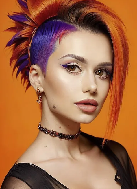 portrait of sks woman by Flora Borsi, style by Flora Borsi, bold, bright colours, orange Mohawk haircut, ((Flora Borsi)), <lora:locon_wersow_v1_from_v1_64_32:1.25>