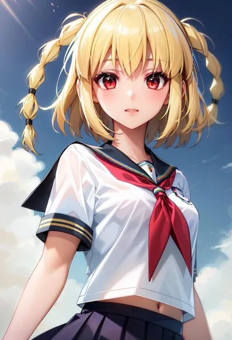 ((masterpiece, best quality)), 1girl, xiatian, short hair, blonde hair, red eyes, braid, school uniform <lyco:xiatianBeatmania:0.8>