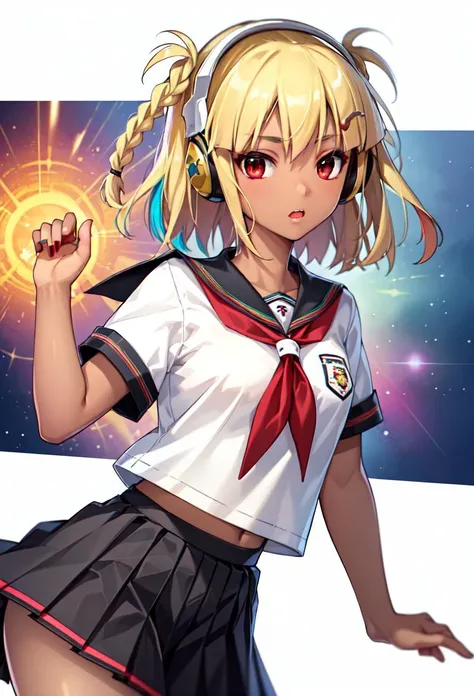 ((masterpiece, best quality)), 1girl, xiatian, short hair, blonde hair, dark-skinned female, red eyes, braid, (tricoro:1.3), hair ornament, headphones, multicolored hair, school uniform, white shirt, pleated skirt <lyco:xiatianBeatmania:0.8>