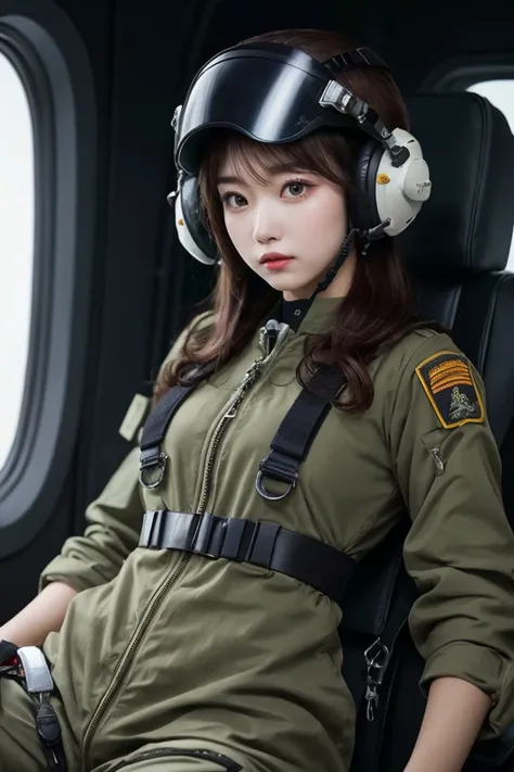 ultra detailed 4k, most beautiful girl, highly detailed face, samurai style, wearing a dark olive green flight suit, she is wearing a fighter pilot helmet, she is strapped in a pilot seat, she is piloting the spaceship
