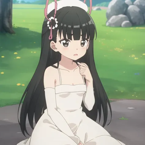 bofuri-kasumi, loliform, wooldress hat, black hair, long hair, hime cut, black eyes, hair ornament, small breasts, collarbone, full body, solo, 1girl, outdoors <lora:bofuri-kasumi-000003:0.8>