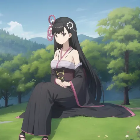 bofuri-kasumi, kimono, black hair, long hair, hime cut, black eyes, hair ornament, medium breasts, collarbone, full body, solo, 1girl, outdoors <lora:bofuri-kasumi-000003:0.8>