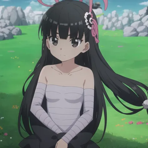 bofuri-kasumi, loliform, secondoutfit, black hair, long hair, hime cut, black eyes, hair ornament, small breasts, collarbone, full body, solo, 1girl, outdoors <lora:bofuri-kasumi-000003:0.8>