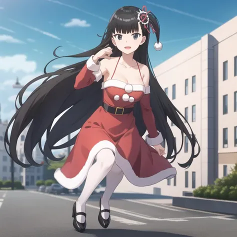 bofuri-kasumi, santa costume, black hair, long hair, hime cut, black eyes, hair ornament, medium breasts, collarbone, full body, solo, 1girl, outdoors <lora:bofuri-kasumi-000003:0.7>