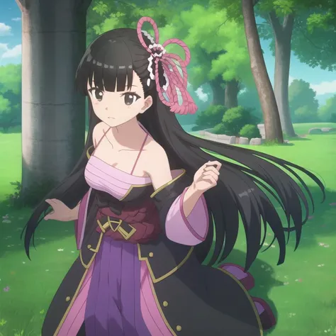bofuri-kasumi, kimono sarashi, black hair, long hair, hime cut, black eyes, hair ornament, medium breasts, collarbone, full body, solo, 1girl, outdoors <lora:bofuri-kasumi-000003:0.9>