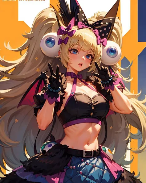 (masterpiece, best quality, high resolution),cowboy shot, 1girl, solo, sylviems, gloves, hair bow, jewelry, dress, kofxv ,multicolored hair, beads,wings, star \(symbol\), midriff, <lora:SylvieMS:1>