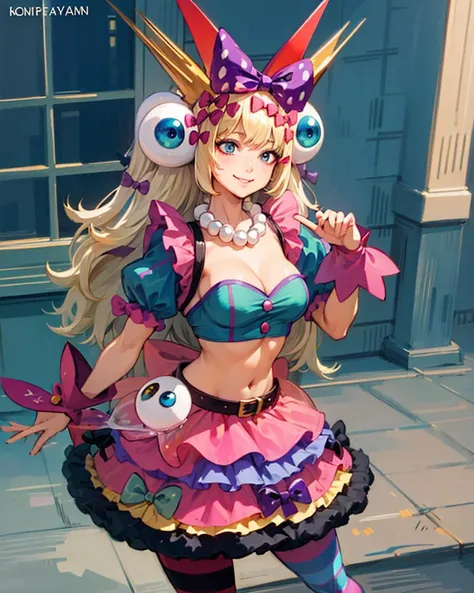 (masterpiece, best quality, high resolution),cowboy shot, 1girl, solo, sylviems, kofxiv, striped, pantyhose, midriff, bow, striped pantyhose, jewelry, horns, smile, hair bow, breasts, skirt, beads, necklace, cleavage, puffy sleeves <lora:SylvieMS:1>