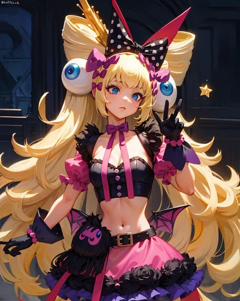 (masterpiece, best quality, high resolution),cowboy shot, 1girl, solo, sylviems, gloves, hair bow, jewelry, dress, kofxv ,multicolored hair, beads,wings, star \(symbol\), midriff, <lora:SylvieMS:1>