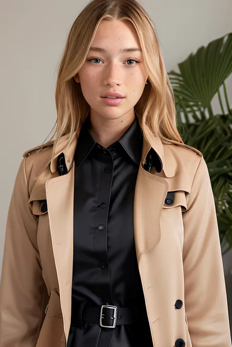 photo of (blonde freckled K4yl4J0n3s01:0.99), a woman, RAW, close portrait photo, (long tan trench coat and black dress shirt:1.2), pale skin, slim body, (high detailed skin:1.2), 8k uhd, dslr, soft lighting, high quality, film grain, Fujifilm XT3 sharp focus, f 5.6