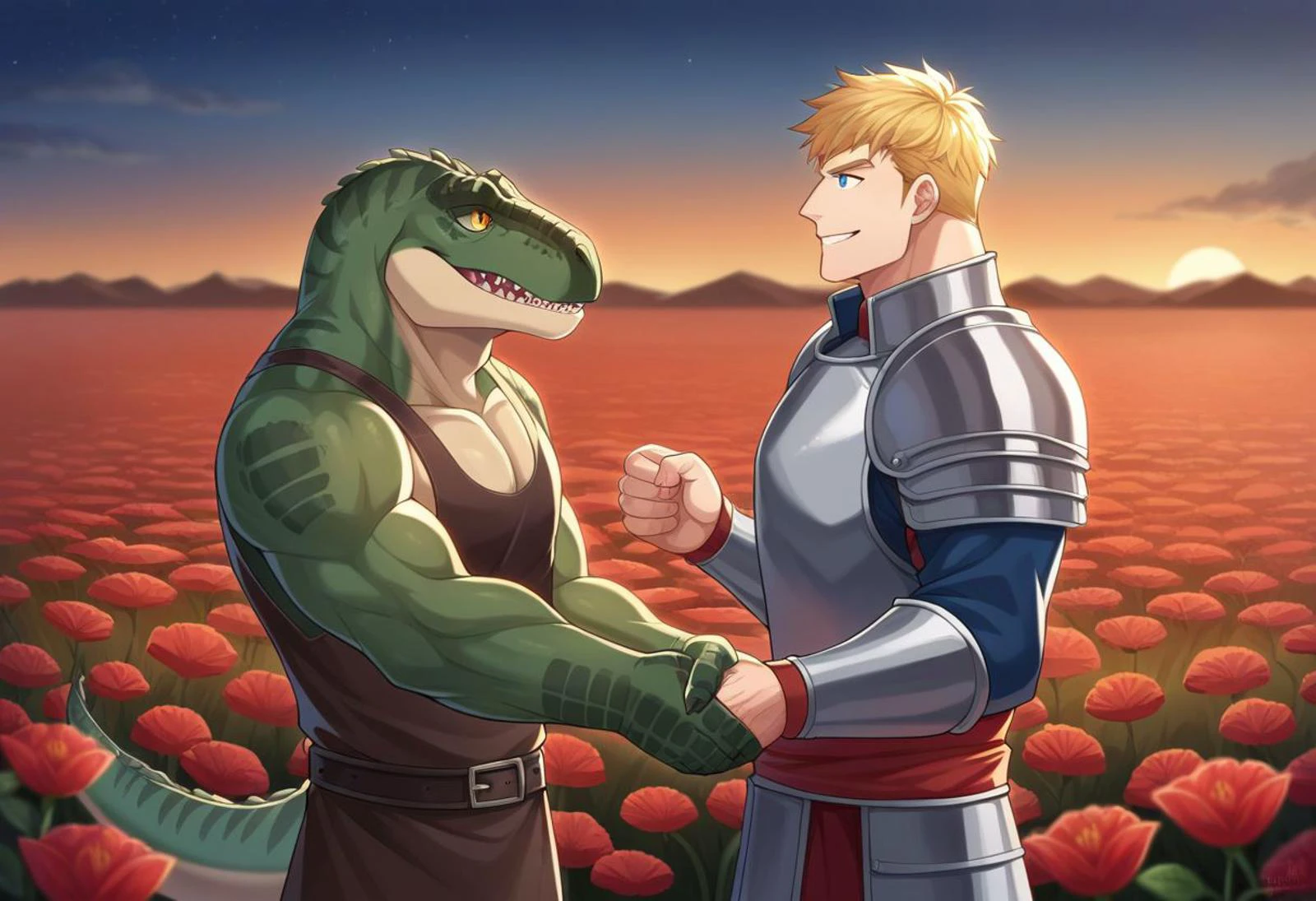 score_9, score_8_up, source_anime, 2boys, <lora:concept_handshake_ponyXL:0.55>, handshake, manly, muscular male,
BREAK <lora:Trex_Dinosaur_XL:0.7> zzTrex, therapod, sharp large teeth, yellow eyes, green scales,
BREAK Men in slavic armor, blue eyes, blonde hair, <lora:slavic armor:0.5> slavic armor,
BREAK background field full of red flowers,