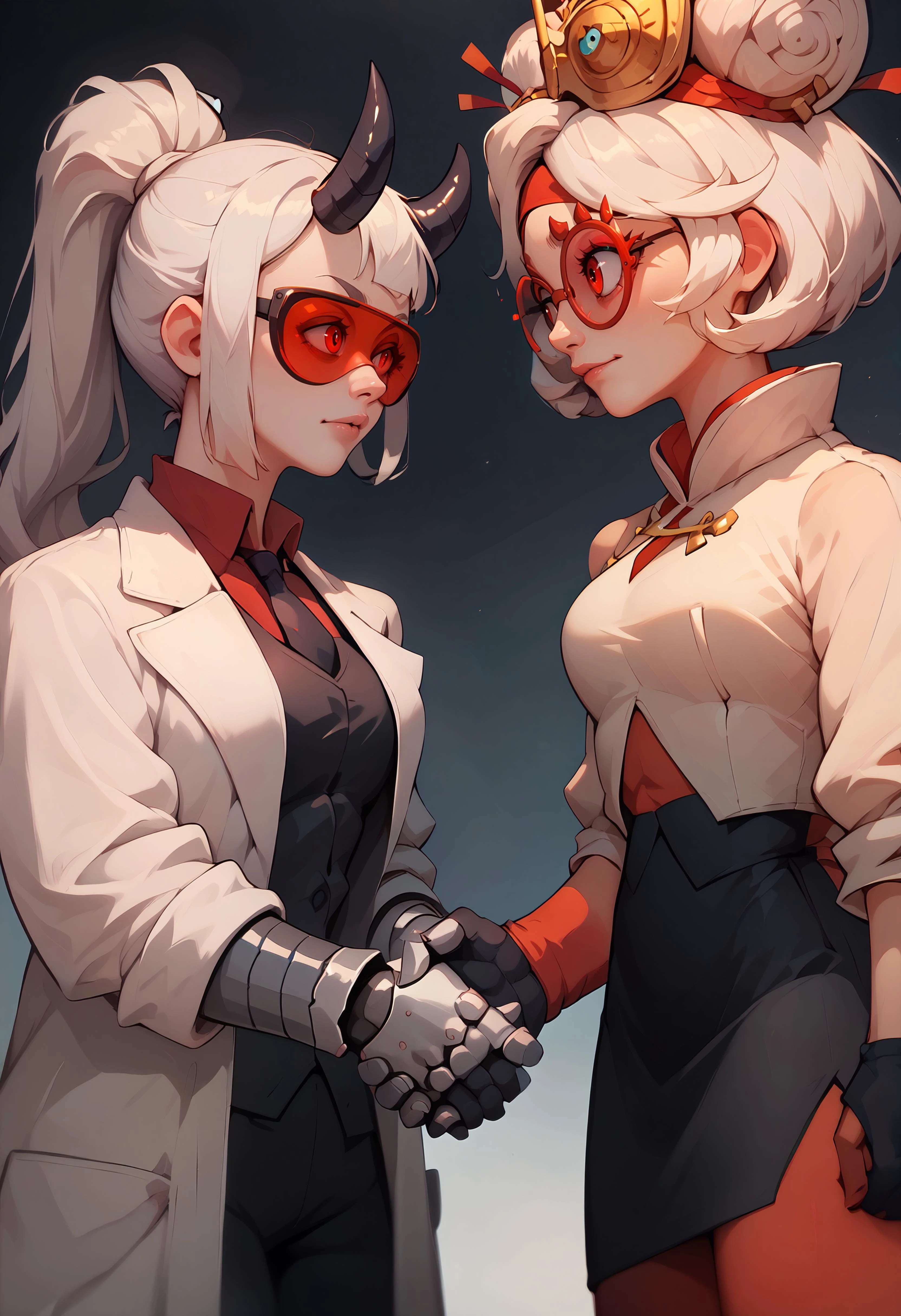 score_9, score_8_up, score_7_up, score_6_up BREAK score_9, score_8_up, score_7_up, score_6_up,2girls, <lora:concept_handshake_ponyXL:0.6> handshake,looking at another BREAK htloremaster, mechanical arms, ponytail, demon horns, demon tail,goggles, white lab coat, red shirt, black necktie, black vest, black pants <lora:helltaker_loremaster_ponyXL:0.8> BREAK purah,hair ornament, red headband, red glasses, sleeveless shirt, white coat, black skirt, red leggings, gloves <lora:purah-pdxl-nvwls-v1:0.8>
