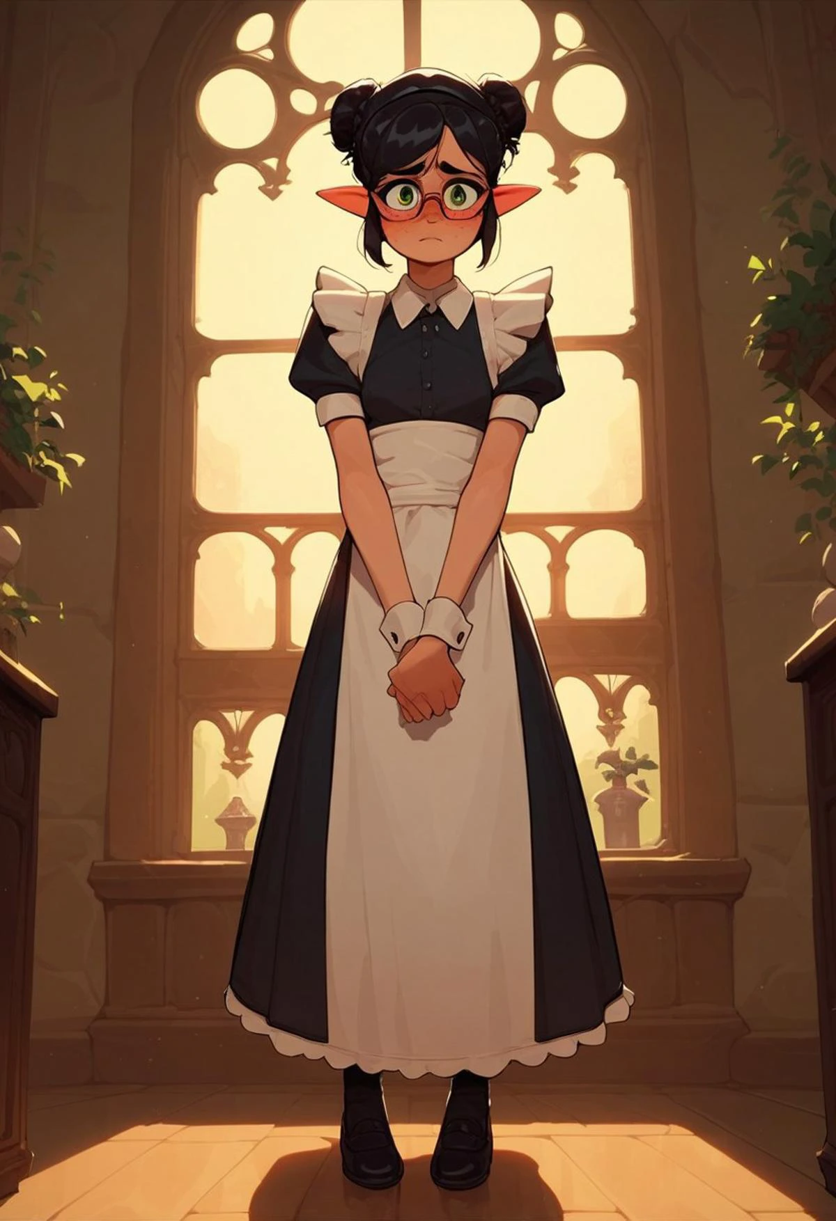 score_9, score_8_up, score_7_up, source_anime, looking at viewer , petite elf flashing viewer, black hair, messy bun, freckles, small breasts, green eyes, glasses, maid outfit, mansion, shy, blushing, ((aroused)), full body