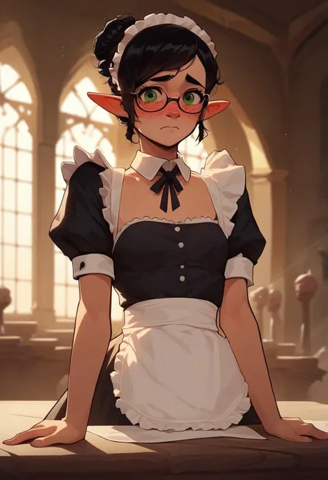 score_9, score_8_up, score_7_up, source_anime, looking at viewer , petite elf flashing viewer, black hair, messy bun, freckles, small breasts, green eyes, glasses, maid outfit, mansion, shy, blushing, ((aroused))