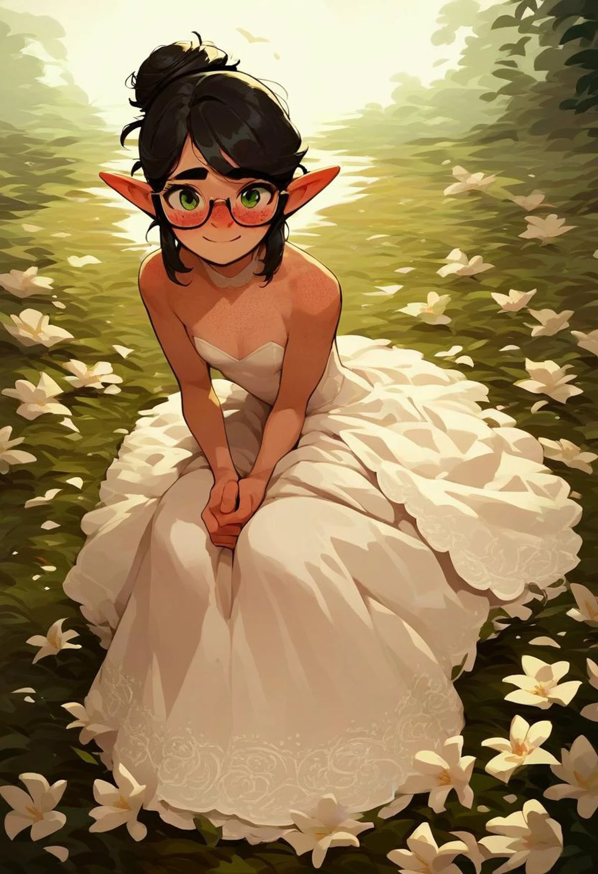score_9, score_8_up, score_7_up, source_anime, looking at viewer , ite elf girl, black hair, messy bun, freckles, small breasts, green eyes, glasses, white wedding dress, outdoor wedding, full body, smiling, blush, beautiful