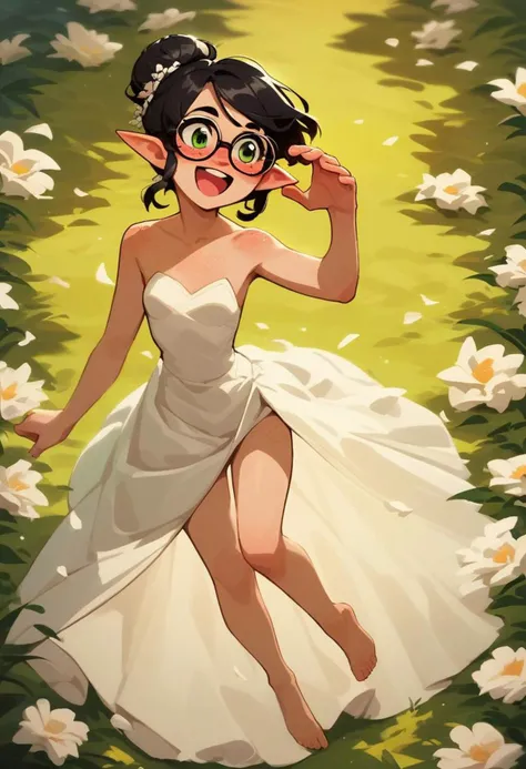 score_9, score_8_up, score_7_up, source_anime, good_hands, ite elf girl, black hair, messy bun, freckles, small breasts, green eyes, glasses, white wedding dress, outdoor wedding, full body, smiling, blush, beautiful, bare feet, spinning, laughing