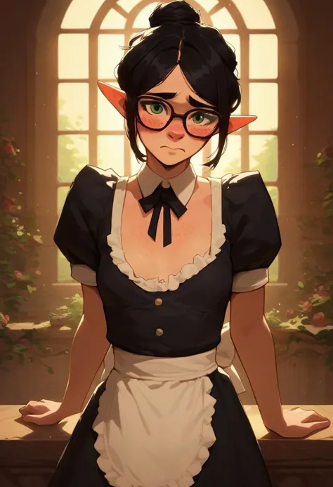 score_9, score_8_up, score_7_up, source_anime, looking at viewer , petite elf flashing viewer, black hair, messy bun, freckles, small breasts, green eyes, glasses, maid outfit, mansion, shy, blushing, ((aroused))