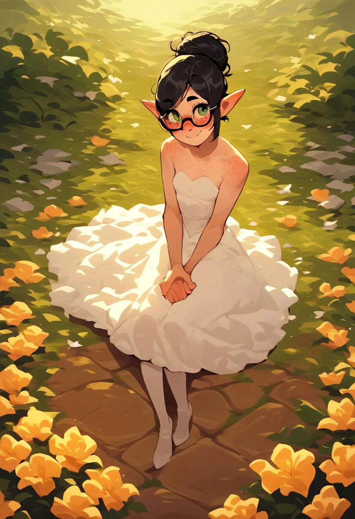 score_9, score_8_up, score_7_up, source_anime, looking at viewer , ite elf girl, black hair, messy bun, freckles, small breasts, green eyes, glasses, white wedding dress, outdoor wedding, full body, smiling, blush, beautiful