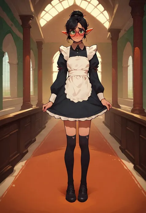 score_9, score_8_up, score_7_up, source_anime, looking at viewer , petite elf flashing viewer, black hair, messy bun, freckles, small breasts, green eyes, glasses, maid outfit, mansion, shy, blushing, ((aroused)), full body