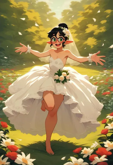 score_9, score_8_up, score_7_up, source_anime, looking at viewer , ite elf girl, black hair, messy bun, freckles, small breasts, green eyes, glasses, white wedding dress, outdoor wedding, full body, smiling, blush, beautiful, bare feet, twirling arms outstretched, laughing