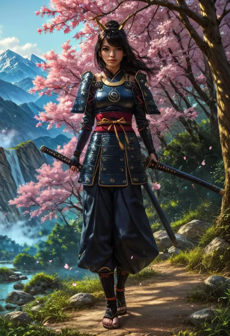 score_9, score_8_up, score_7_up, score_6_up, score_5_up, score_4_up,  1dk, BREAK, (full body view:1.7),   (on top of a mountain:1.3),  Japanese castle in background, sunset, golden hour, looking at viewer,
Asia, long hair, black hair, Woman wearing samurai, katana, hair blowing in the wind, falling cherry blossoms, spring, brown eyes, misty background,
<lora:Realistic_2.5DAnime_Merge1:0.5> <lora:1dkXLP:0.5> [<lora:43stl1ght1ngXLP2:0.2> 43stl1ght1ng,:2]  <lora:add-detail-xl:3>  <lora:detailed_backgrounds_v2:1> <lora:samurai_armor_pony:0.8>