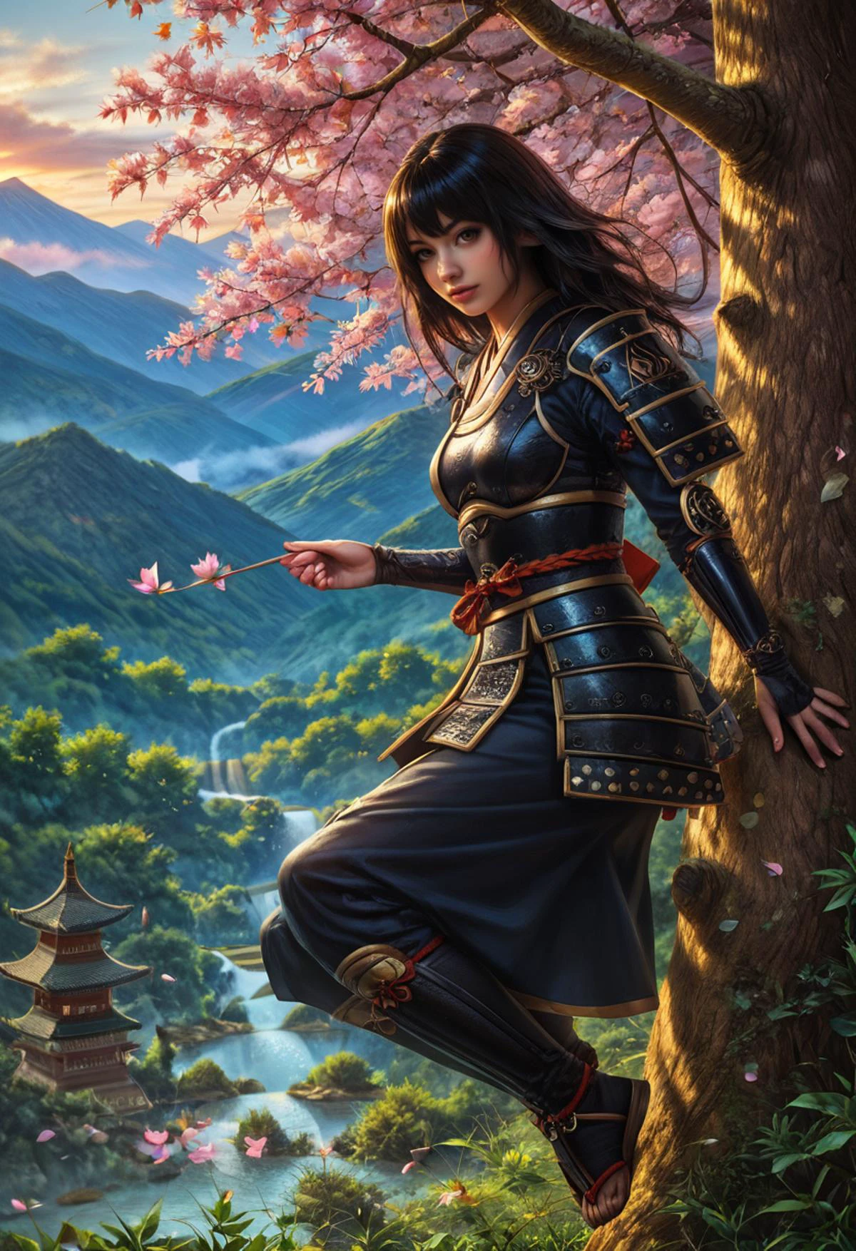 score_9, score_8_up, score_7_up, score_6_up, score_5_up, score_4_up,  1dk, BREAK, (full body view:1.7),   (on top of a mountain:1.3),  Japanese castle in background, sunset, golden hour, looking at viewer,
Asia, long hair, black hair, Woman wearing samurai, naginata, helm, falling cherry blossoms, spring, brown eyes, misty background, heroic,
<lora:Realistic_2.5DAnime_Merge1:0.5> <lora:1dkXLP:0.5> [<lora:43stl1ght1ngXLP2:0.2> 43stl1ght1ng,:2]  <lora:add-detail-xl:3>  <lora:detailed_backgrounds_v2:1> <lora:samurai_armor_pony:0.8>