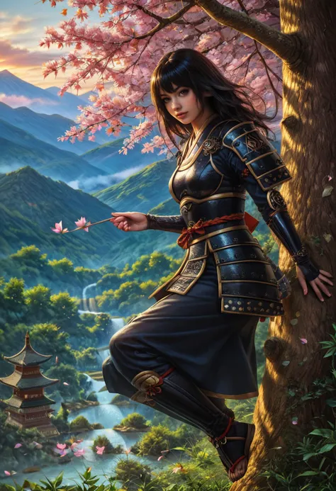 score_9, score_8_up, score_7_up, score_6_up, score_5_up, score_4_up,  1dk, BREAK, (full body view:1.7),   (on top of a mountain:1.3),  Japanese castle in background, sunset, golden hour, looking at viewer,
Asia, long hair, black hair, Woman wearing samurai, naginata, helm, falling cherry blossoms, spring, brown eyes, misty background, heroic,
<lora:Realistic_2.5DAnime_Merge1:0.5> <lora:1dkXLP:0.5> [<lora:43stl1ght1ngXLP2:0.2> 43stl1ght1ng,:2]  <lora:add-detail-xl:3>  <lora:detailed_backgrounds_v2:1> <lora:samurai_armor_pony:0.8>