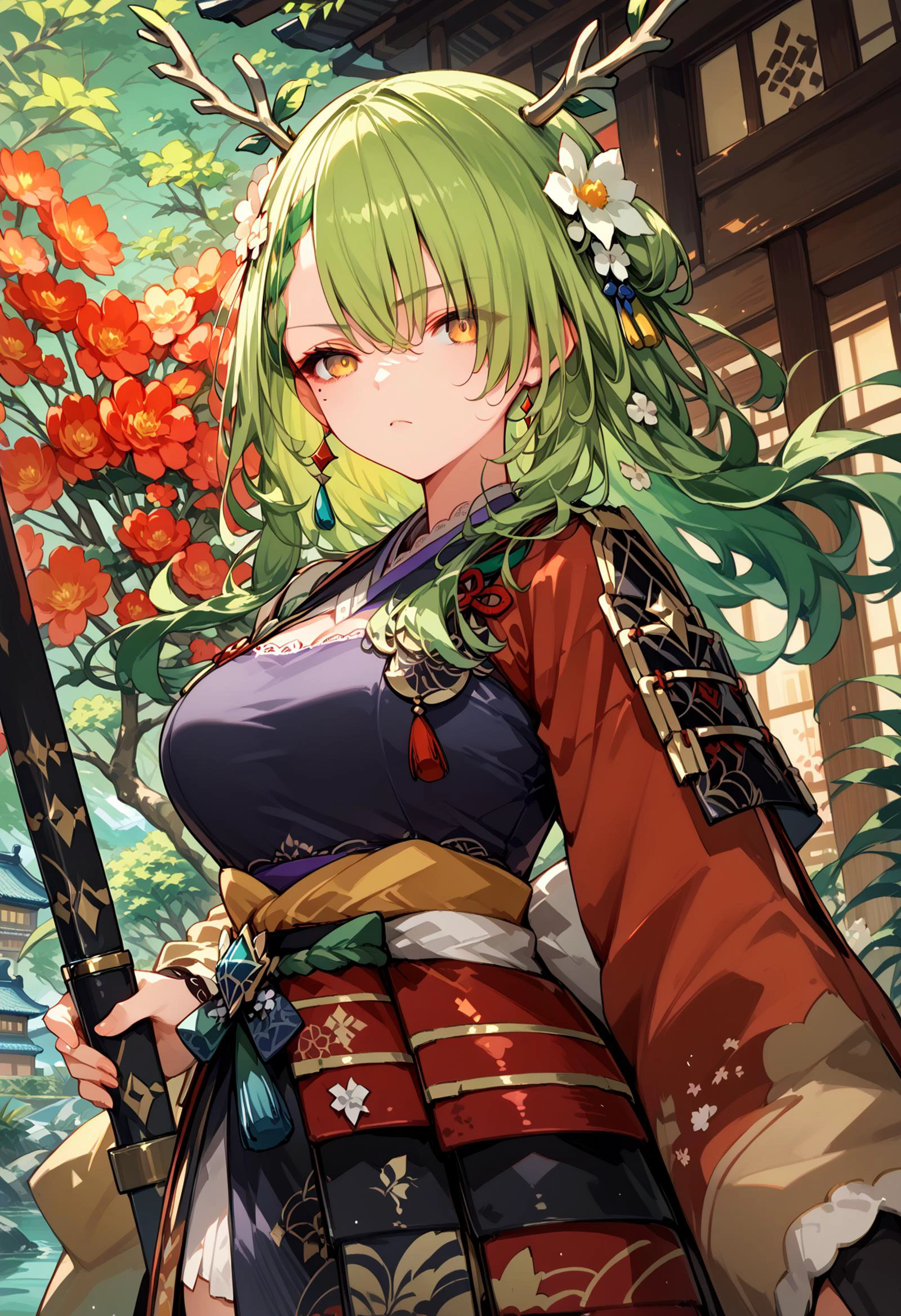 score_9, score_8_up, score_7_up, hadrian, source_anime, 1girl, japanese castle, <lora:ChamCeresFaunaPonyXL:1> CeresFauna, yellow eyes, mole under eye, antlers, long hair, braided bangs, hair flowers, large breasts, <lora:samurai_armor_pony:1> samurai, serious, holding polearm