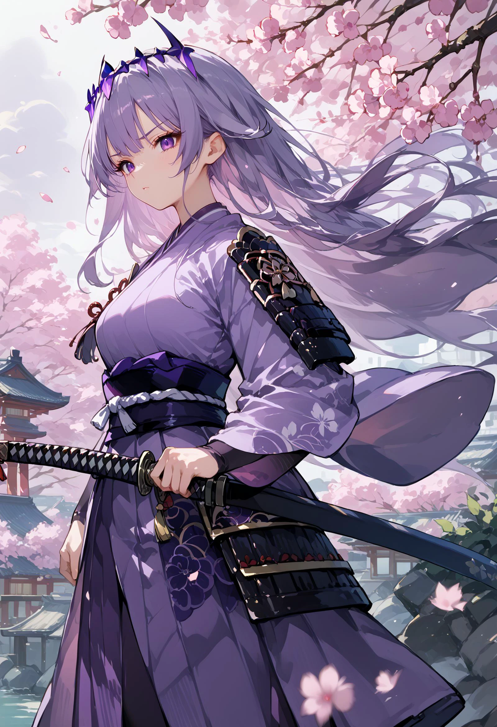 score_9, score_8_up, score_7_up, hadrian, source_anime, 1girl, cherry blossoms, <lora:ChamKosekiBijouPonyXL:0.8> KosekiBijou, long hair, hair flaps, floating headpiece, <lora:samurai_armor_pony:1.1> samurai, purple clothes, holding katana, serious