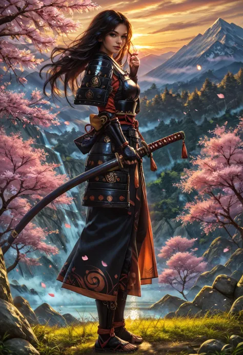 score_9, score_8_up, score_7_up, score_6_up, score_5_up, score_4_up,  1dk, BREAK, (full body view:1.7),   (on top of a mountain:1.3),  Japanese castle in background, sunset, golden hour, side view, looking at viewer,
Asia, long hair, black hair, Woman wearing samurai, katana, hair blowing in the wind, falling cherry blossoms, spring, brown eyes, misty background,
<lora:Realistic_2.5DAnime_Merge1:0.5> <lora:1dkXLP:0.5> [<lora:43stl1ght1ngXLP2:0.2> 43stl1ght1ng,:2]  <lora:add-detail-xl:3>  <lora:detailed_backgrounds_v2:1> <lora:samurai_armor_pony:0.8>