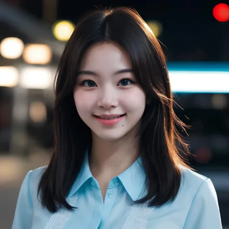 1girl,(wearing a blue blouse:1.2),(RAW photo, best quality), (realistic, photo-realistic:1.4), masterpiece, an extremely delicate and beautiful, extremely detailed, 2k wallpaper, Amazing, finely detail, extremely detailed CG unity 8k wallpaper, ultra-detailed, highres, soft light, beautiful detailed girl, extremely detailed eyes and face, beautiful detailed nose, beautiful detailed eyes,cinematic lighting,city lights at night,perfect anatomy,slender body,smiling
