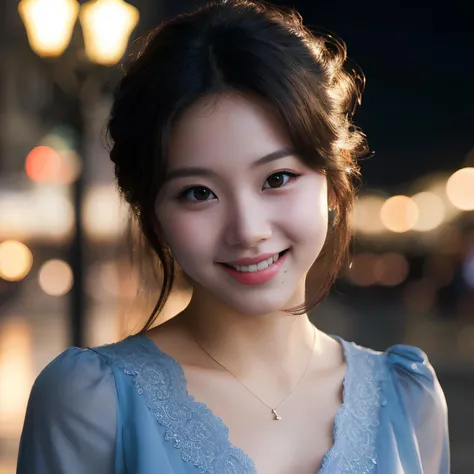1girl,(wearing a blue blouse:1.2),(RAW photo, best quality), (realistic, photo-realistic:1.4), masterpiece, an extremely delicate and beautiful, extremely detailed, 2k wallpaper, Amazing, finely detail, extremely detailed CG unity 8k wallpaper, ultra-detailed, highres, soft light, beautiful detailed girl, extremely detailed eyes and face, beautiful detailed nose, beautiful detailed eyes,cinematic lighting,city lights at night,perfect anatomy,slender body,smiling