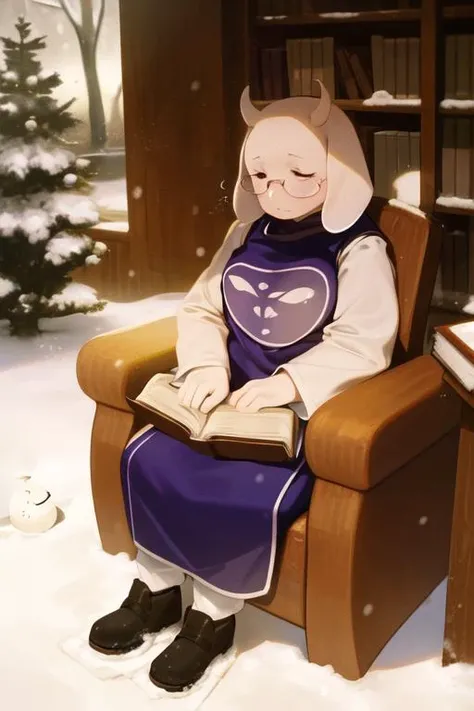 (toriel:1.0), (tabard:0.9), glasses, sleepy, chair, sitting, book, snow, <lora:toriel:1.0>