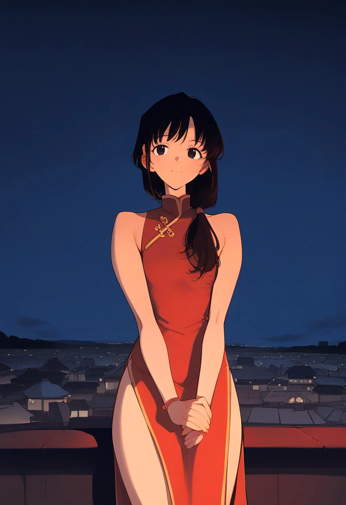 (score_9, score_8_up, score_7_up), anime lineart, <lora:Sadamoto_Yoshiyuki_PonyXL_style_v01:0.7>, <lora:Raichiyo33_Style:0.7>, BREAK pray, BREAK Bare Shoulders Chinese Side Slit Dress, Neon Light Signboards, String Lights, (Food Stall), china, chinese culture, <lora:naipony_v3:0.7>