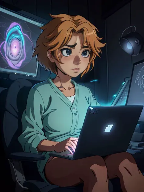 Extremely detailed cartoon by Hayao Miyazaki, 4k, UHD, absurdres, StareWare,
1 woman looking at screen, laptop computer , sitting on chair, dark room, lit by screen, hypnotized,
<lora:StareWare:0.8>