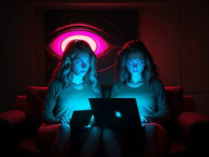 2 greek girls with curly Rapunzel Hair, Hourglass figure, fixated by a laptop screen they are unable to look away from it, blank White eyes, mind control machine on their heads