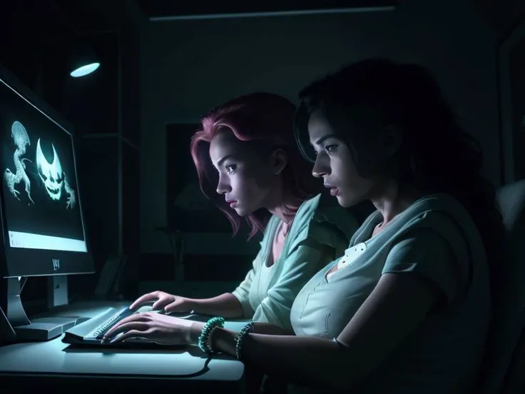 2 women, 4k, UHD, absurdres, StareWare,
looking at screen, desktop computer, dark room, lit by screen, soft glow, (gooning)
<lora:StareWare:0.7>