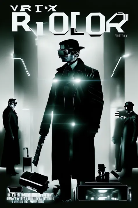 virtual-reality_noir , Virtual Reality Noir: Blurring the lines between virtual reality and film noir. (Inspired by Inception, The Matrix, Dark City, and Strange Days). Key elements: ((VR detective investigations, surreal dreamscapes, virtual crime scenes, glitchy realities, trench coats with LED patterns, and digital rain.))