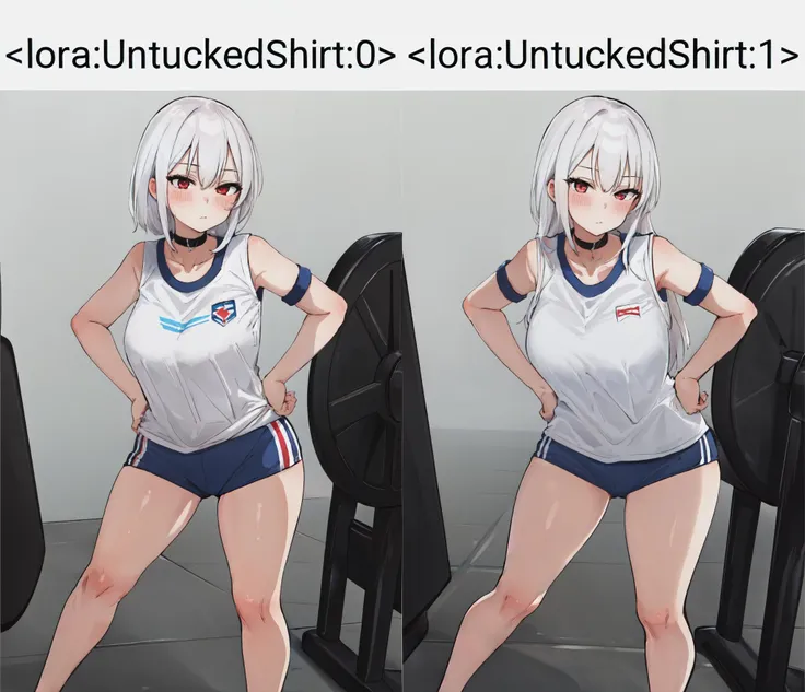 masterpiece, best quality,1girl,<lora:kstyle:0.8>,<lora:UntuckedShirt:0>,standing,hands on hip, white hair, red eyes,gym shirt,bloomer, white shirt,choker, bare shoulders ,large breasts,
