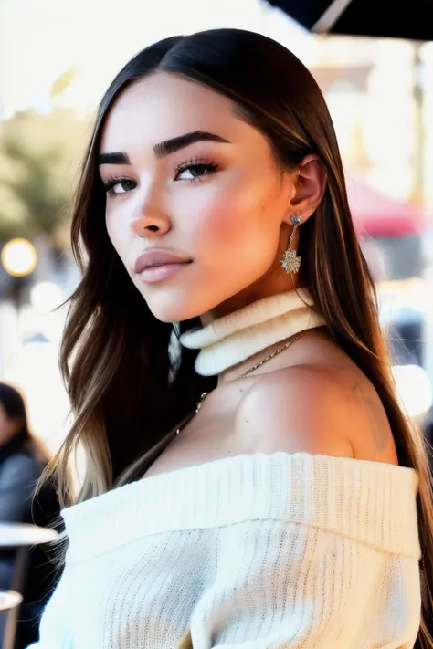 madisonB1 piercing eyes, looking straight, very happy,long hair, wearing an off-shoulder sweater, choker, closeup portrait, in a outdoor cafe in 2015, afternoon light