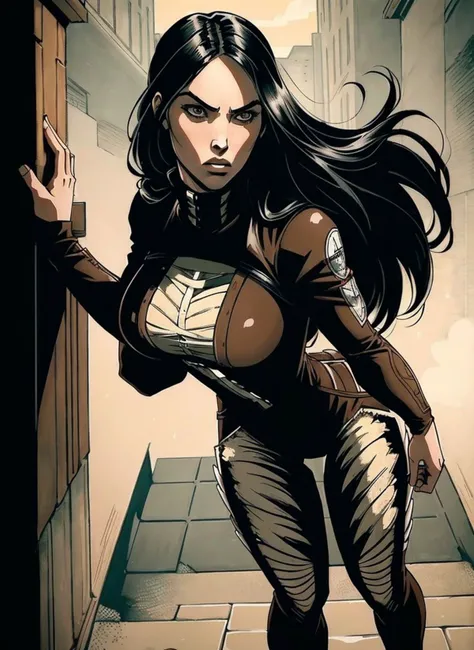full body photo of MegFoxv2 woman ,long black hair, wearing attack on titan cosplay, fighting, extremely detailed, intricate detail, fine detail, careful detail, up close portrait, masterpiece, best quality, ultra-detailed   <lora:MeganFoxv2Lora:1.0> <lora:add_detail:0.5>