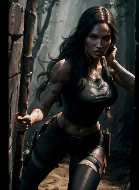 full body photo of MegFoxv2 woman ,long black hair, wearing tomb raider cosplay, fighting, extremely detailed, intricate detail, fine detail, careful detail, up close portrait, masterpiece, best quality, ultra-detailed <lora:MeganFoxv2Lora:1.0> <lora:add_detail:0.5>
