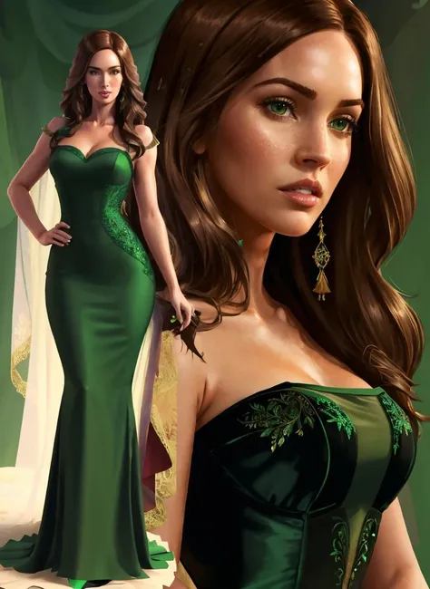 full body photo of MegFoxv2 woman ,long brown hair, wearing a sexy green dress, extremely detailed, intricate detail, fine detail, careful detail, up close portrait, masterpiece, best quality, ultra-detailed <lora:MeganFoxv2Lora:1.0>