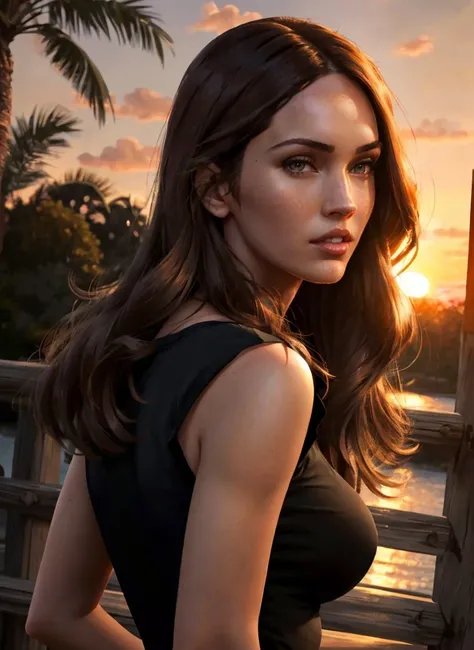 photo of MegFoxv2 woman ,long brown hair, wearing a black t-shirt outdoors, in the sunset, extremely detailed, intricate detail, fine detail, careful detail, up close portrait, masterpiece, best quality, ultra-detailed <lora:MeganFoxv2Lora:1.0>