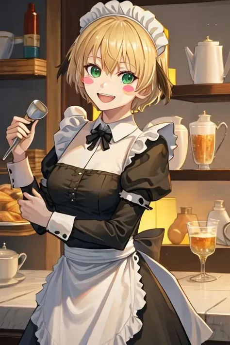 best quality, masterpiece, highres, solo, {maid:1.40}, {long maid dress:1.15}, {gareth_fgo:1.15}, blonde_hair, short_hair, green_eyes, smile, open_mouth, blush_stickers, breasts