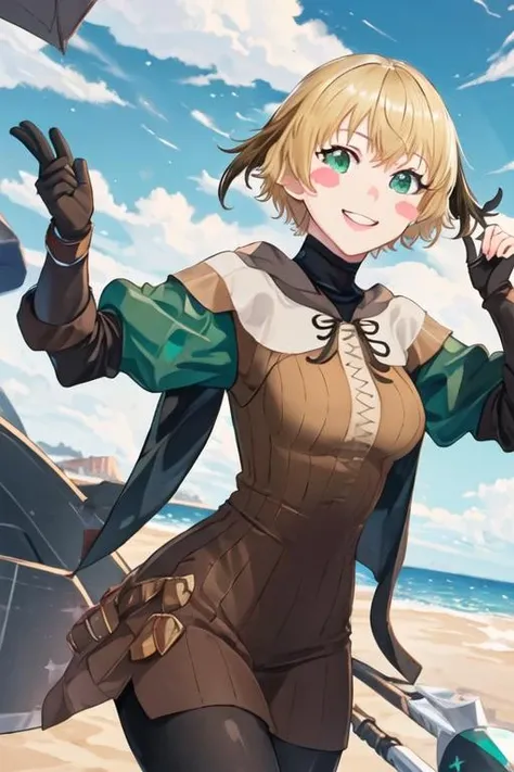 best quality, masterpiece, highres, solo, {gareth_fgo:1.15}, blonde_hair, short_hair, green_eyes, smile, open_mouth, blush_stickers, breasts