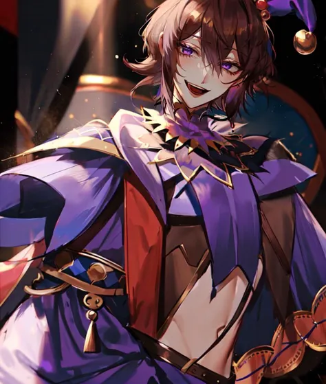 au \(d elete\, 1boy, solo, brown hair, purple eyes, short shaggy hair, jester, :D, waist-up,  <lora:au_d_elete_offset:1>, <lora:CourtJester-10:0.8>, JesterCh, circus, happy,