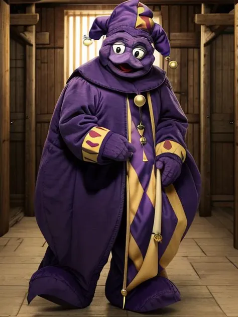 best quality, masterpiece, highres, detailed, perfect anatomy,  <lora:Detail - add_detail:0.2>,  JesterCh, jester cap, <lyco:CourtJester-10:0.8>, Grimace,  <lora:Character - Grimace:0.9>, purple, farm, mascot,