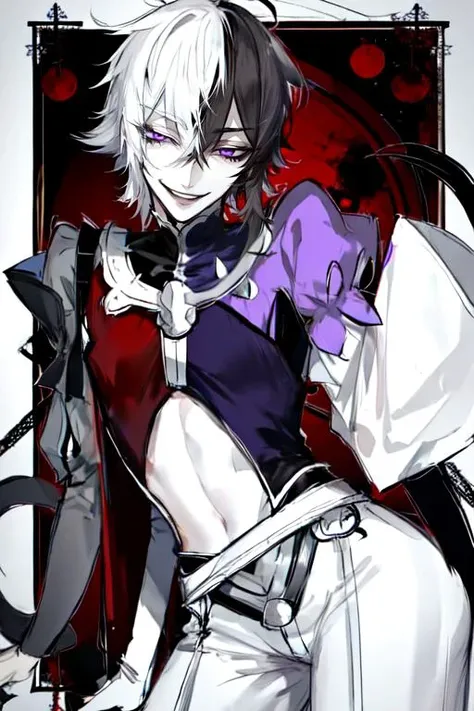 au \(d elete\, 1boy, solo, purple eyes, short shaggy hair, jester, macabre, claws,i waist-up, smile, smug, <lora:au_d_elete_offset:1>, <lora:CourtJester:0.6>, <lora:hotarueye_hosome1_v100:0.6>, JesterCh, split-color hair, <lora:SplitColorHairV1:0.8>,
